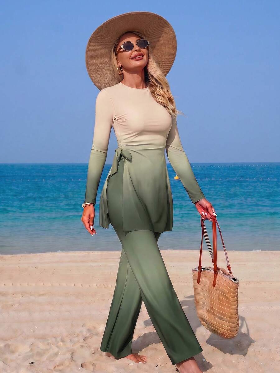 Swim Mulvari Blue Gradient Loose Two Pieces Set, Gradient Design Wide Leg Pants, Flattering Slimming Slouchy Outfit - Multicolor - View 1