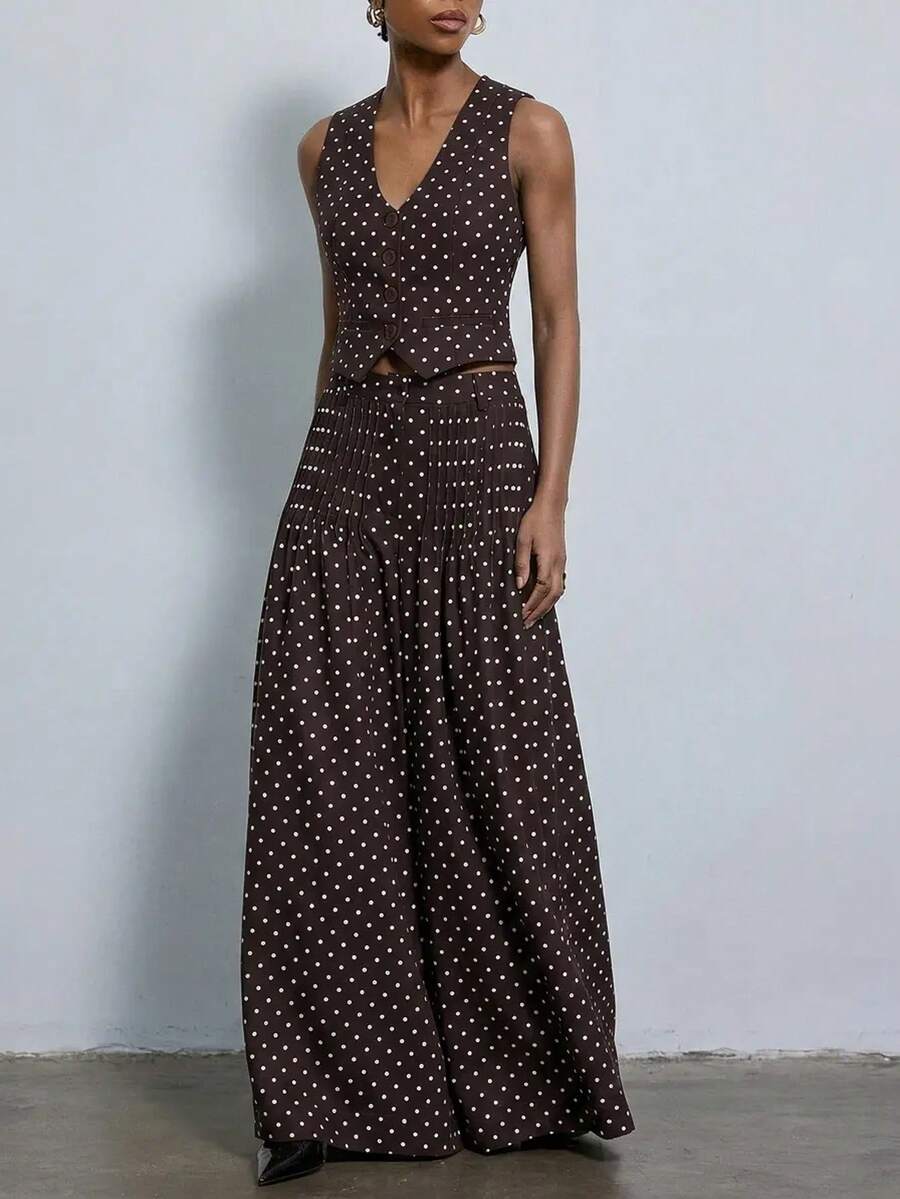 Aveloria Modichic Conjunto de 2 piezas para mujer con top tipo chaleco sin mangas de cuello en V, estampado de lunares, bolsillos falsos, cintura ceñida y diseño plisado acordeón, con pantalones largos de pierna ancha holgada, estilo elegante vintage francés - Café integral - Ver 1