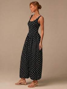 COSMINA Jumpsuit Tanpa Punggung Motif Polkadot untuk Wanita di Musim Panas - Hitam - View 2