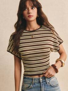 Poéselle Women's Summer Casual Striped Waist-Cinching T-Shirt - Brown - View 3