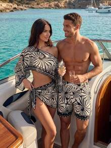 Manfinity Swimmode Pantalones cortos de playa de moda con patrón geométrico y cordón para hombre, adecuados para vacaciones y uso diario - Blanco y Negro - Ver 3