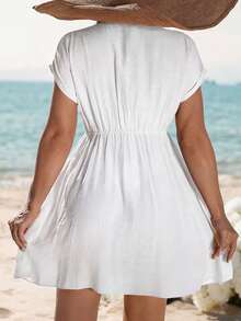 Swim Vcay Women's Summer Beach Bohemian Style V-Neck Large Ruffle Batwing Sleeve Elastic Waist Tie Vacation Cover-Up Dress - White - View 2