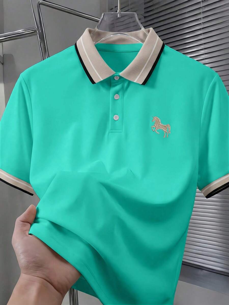 Calvornis 男士珠飾羅紋領刺繡短袖休閒 Polo 衫,正式款 - 薄荷綠 - 查看 1