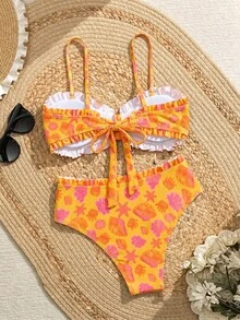 Swim Lushoire 春夏流行熱銷性感女款波點印花設計度假網紅風海灘比基尼套裝 - 黃色 - 查看 8