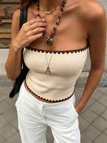 Cévolie Top Bandeau de Ajuste Ceñido Versátil con Diseño y Ribete de Contraste - Caqui - Ver 5