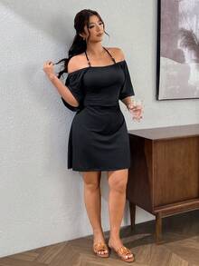 Lounesse Women's Plus Size Black Beaded Halter Neck Tie Off-Shoulder Design Plus Size Dress Fashion Casual Plus Size Dress Casual Summer Daily Going Out Dress - Black - View 6