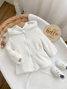 SHEIN جاكيت بغطاء رأس مبطن حراري ناعم متعدد الاستخدامات لطيف للبنات الصغيرات في فصل الخريف/الشتاء - بيج - مشاهدة 3