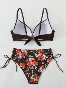 SHEIN Swim Swim Lushoire 女士成熟時尚性感泳裝兩件套，青藍孔雀綠前綁帶純色比基尼上衣搭配花卉印花短褲套裝，夏季海灘度假風 - 棕色 - 查看 4