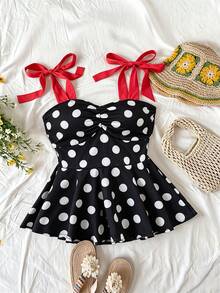 Roelina Women's Black And White Polka Dot Tie-Front Summer Cami Top With Ruched Waist Pleated Hem Sexy Cute 70s Retro Vintage Ruffle Camisole Beach Brunch - Multicolor - View 1