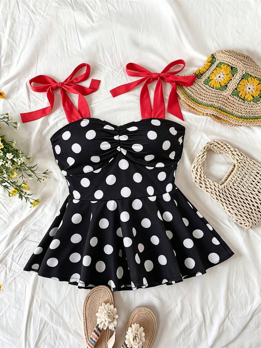 Roelina Women's Black And White Polka Dot Tie-Front Summer Cami Top With Ruched Waist Pleated Hem Sexy Cute 70s Retro Vintage Ruffle Camisole Beach Brunch - Multicolor - View 1