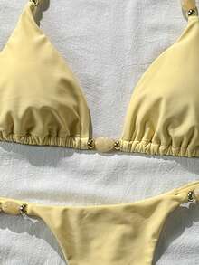 Swim Mod Women's Solid Color Halter Neck Metal Decor Sexy Bikini Set, Spring/Summer - Yellow - View 6
