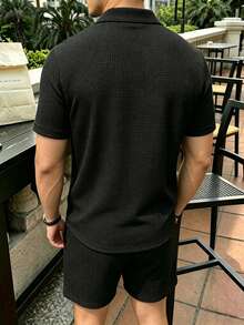 JOLTRO Men's Solid Color Short Sleeve Single-Breasted Shirt And Drawstring Waist Shorts Casual Set - Black - View 2