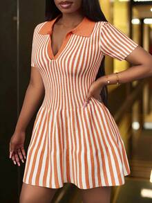 Slaydiva 2025 New Summer Elegant Party & Shopping Exquisite Polo Collar Striped Knit Mini Dress - A - Orange - View 4