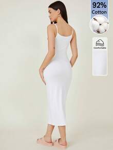 SHEIN BASICS 女款純色休閒極簡日常夏季長版細肩帶洋裝 白色 居家休閒城市度假風 - 白色 - 查看 4