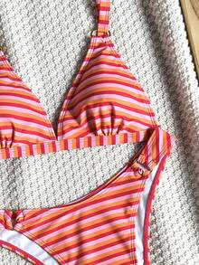 Swim Vcay Bikini 2 Potong Motif Garis-garis Oranye Pink Musim Semi/Panas 2026 dengan Tali Tebal dan Bagian Belakang yang Dapat Diatur, Potongan Tinggi, Cocok untuk Liburan Pantai dan Pemotretan - MultiWarna - View 5