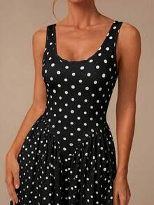 COSMINA Jumpsuit Tanpa Punggung Motif Polkadot untuk Wanita di Musim Panas - Hitam - View 6