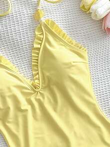 Swim Oasis 女童特製布料黃色蕾絲掛脖式連身泳衣 - 黃色 - 查看 3