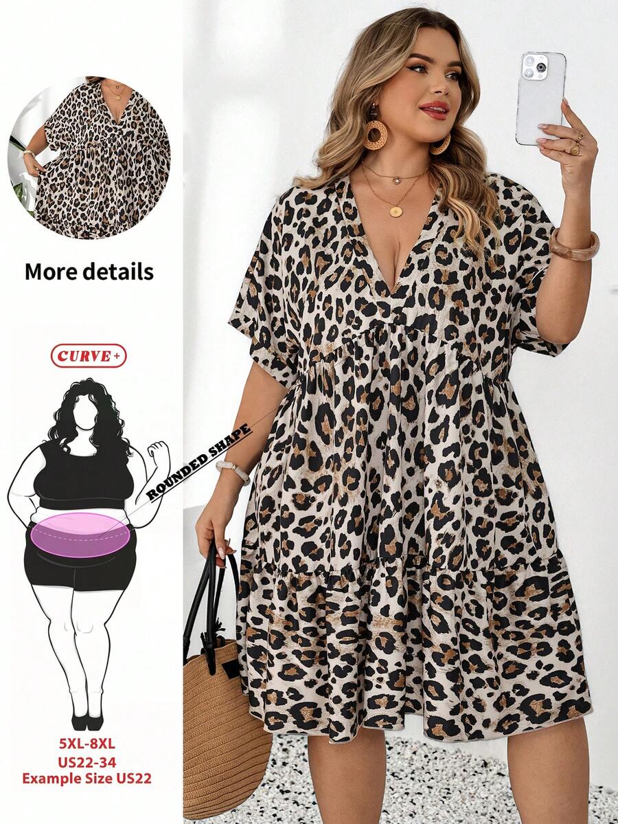 SHEIN CURVE+ CURVE+ 大尺碼簡約V領豹紋A字版夏季洋裝,波希米亞風度假穿搭,女款海灘裝/海灘洋裝/海灘度假穿搭/海灘必備/畢業典禮/下午茶派對洋裝/鄉村風/海灘度假穿搭/海灘裝/海灘服飾 - 彩色 - 查看 1