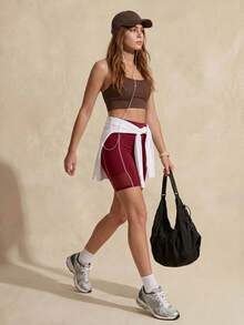 Exploreva Shorts ajustados de capa base para mujer, casuales, versátiles, de uso diario y para exteriores, con diseño de bloques de color - Burdeos - Ver 6