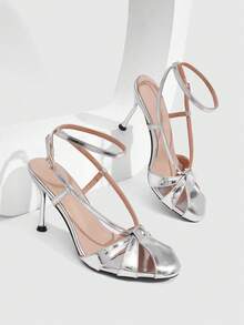 CUCCOO SZL Gentle Atmosphere Full, Retro Round Toe Hollowed Out Thin Heel Back Strap Thin High-End, Silver Thin Heel Women's Sandals - Silver - View 1