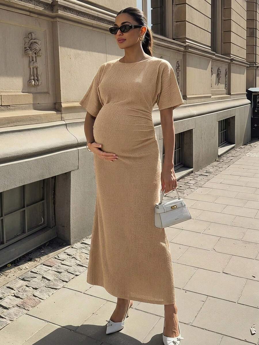MaterniWear 優雅孕婦通勤純色長洋裝 - 卡其色 - 查看 1