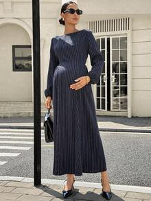 MaterniWear 孕婦條紋休閒商務休閒派對旅行洋裝 優雅婚禮賓客禮服 奢華晚宴外出秋季深藍色 - 藏蓝色 - 查看 6