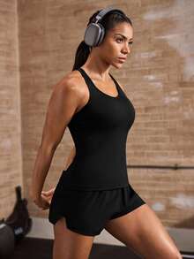 Powerista Solid Color Spaghetti Strap Sleeveless Fitted Sports Tank Top + Shorts Set, Summer For Daily Fitness & Gym, Everyday Wear  For Daily Fitness & Gym, Everyday Wear Casual Airport Back To School Winter Elegant Spring Summer Running Yoga Pitalles Indoor Outdoor Activie Casual Capsule Wardrobe Everyday Oversized Tee Airport Back To School Winter Elegant Summer All Season - Black - View 5