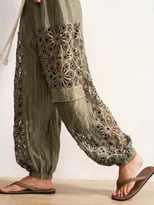 Bohemela 休閒梭織拼接寬鬆女款長褲 - 軍綠色 - 查看 2