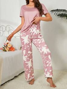 SHEIN 女款休閒花卉印花睡衣套裝 - 粉色 - 查看 4