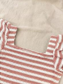 SHEIN Tween Girls' Casual Vacation Home Textured Knit Fitted Cropped Square Neck T-Shirt,White Cute Top Spring Tops Girly For Teen Girl Cottagecore - Pink - View 4