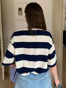 Dazy Plus 女款大尺碼拼色拼接條紋寬鬆 Polo 領中袖休閒夏季 T-shirt - 藍白色 - 查看 6