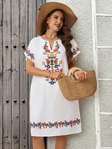 EMERY ROSE Women's Plus Size Floral Print Short Sleeve White Dress Summer Dress ,Beach Outfits For Women Casual Dresses For Women  Country Concert Outfit - White - View 5