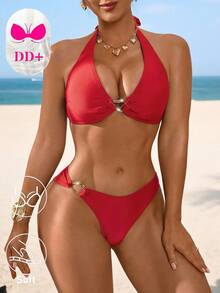 Swim DD+ 女款夏季海灘純色掛脖綁帶性感時尚比基尼兩件式泳衣套裝 - 紅色 - 查看 3