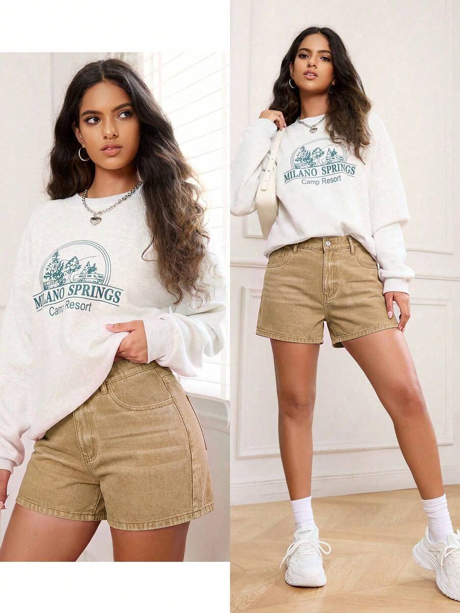 SHEIN EZwear 大尺碼女款無彈力牛仔短褲，高腰復古 A 字寬腿百慕達牛仔褲，正式度假風，卡其色夏季穿搭 - 卡其色 - 查看 1