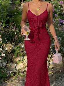 Skyraze Burgundy Flock Fabric Front Tie Bodycon Mermaid Dress – Glamorous Court Style Dreamy Romantic Casual Elegant Mother Of The Bride Party Wedding - Burgundy - View 1
