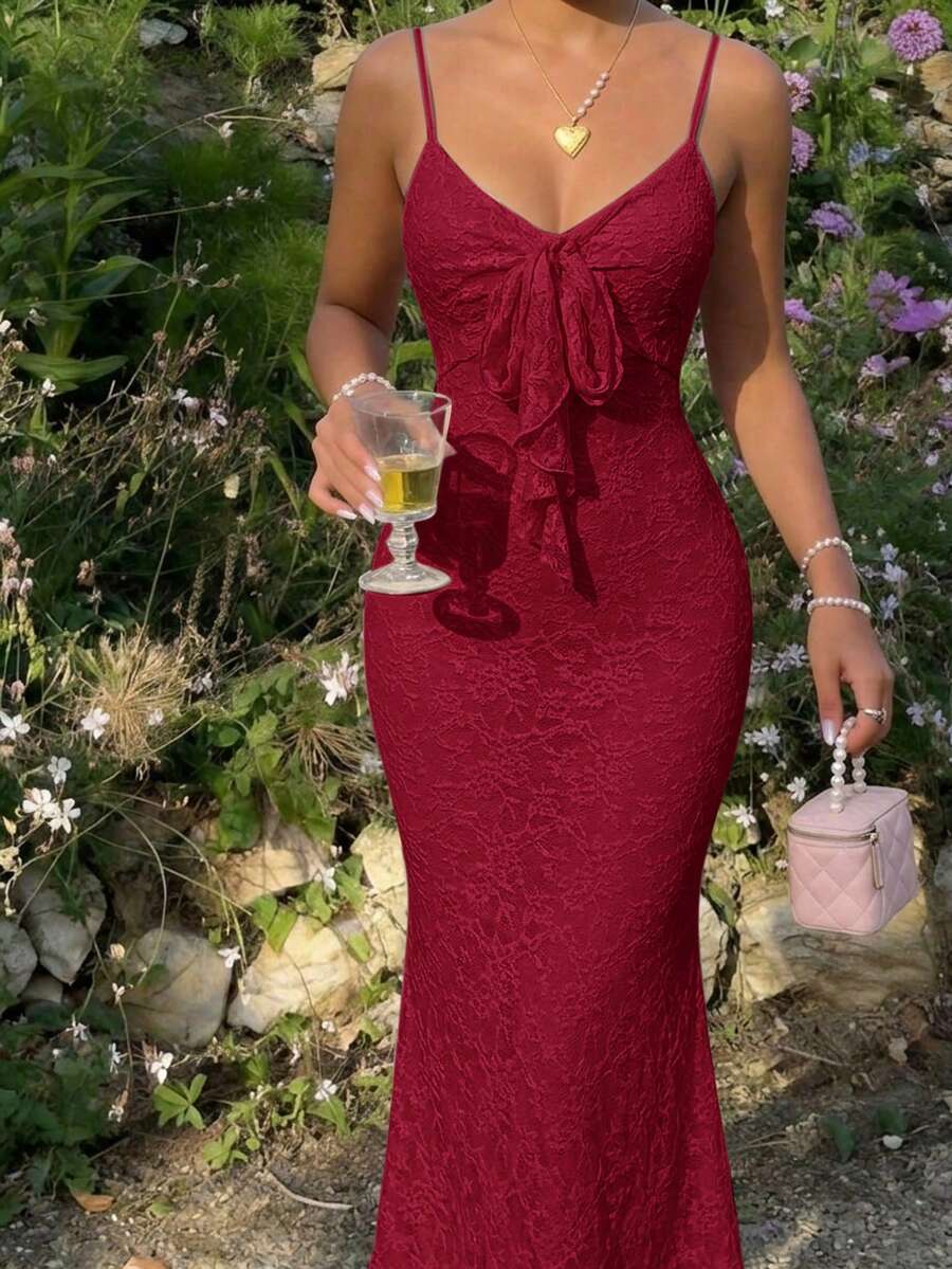 Skyraze Burgundy Flock Fabric Front Tie Bodycon Mermaid Dress – Glamorous Court Style Dreamy Romantic Casual Elegant Mother Of The Bride Party Wedding - Burgundy - View 1