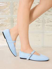 MOTF PREMIUM PU LEATHER BUCKLE MARY JANE FLAT SHOES FOR CHRISTMAS SPRING SHOES - Light blue - View 2