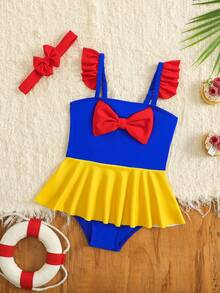 SHEIN Baby Girls' Bow Tie And Ruffled Splicing Color Fashionable Swimsuit For Holiday,Getaway,Holiday,Travel,Relax,Summer,Holiday - Multicolor - View 1
