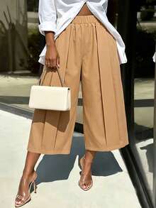 Lunelith SHEIN Lunessa Women's Summer Khaki Wide Leg Casual Capri Pants - Khaki - View 1