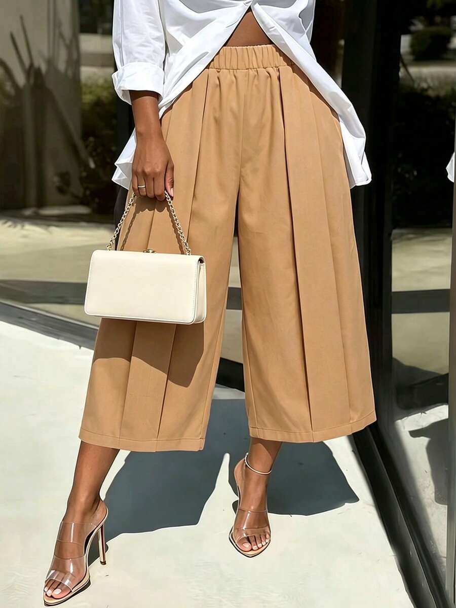 Lunelith SHEIN Lunessa Women's Summer Khaki Wide Leg Casual Capri Pants - Khaki - View 1