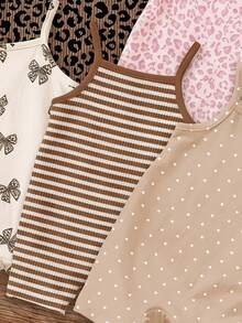 SHEIN LMoss Kids 【隨機5款，發貨1件】復古可愛豹紋系列 Chill Chill 女嬰休閒吊帶連身短褲，適合春夏 - 彩色 - 查看 6