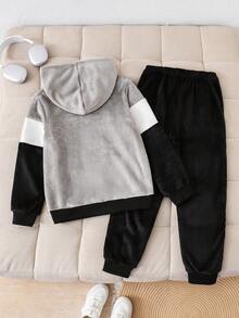 Boys Casual Double-Sided Fleece Patchwork Colorblock Plush Hooded 2 Pieces Set - Multicolor - View 2