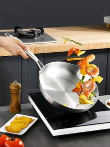 1pc 304 Stainless Steel No Coating Non-Stick Frying Pan Gas & Induction Cooktop Compatible For Steak Cooking Kitchen Cookware - View 5