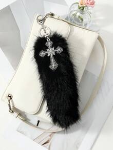 ROMWE Goth 1 Y2k Punk Dark Wind Black Simulation Wolf-Tailed Raccoon Tail Rhinestone Cross Decoration DIY Keychain Bag Pendant, Suitable For Girls To Wear - Black-59 - View 8