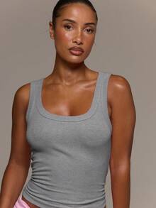 MUSERA ESSENTIALS Ribbed Scoop Neck Fitted Tank Vest Top Cute Everyday Basics Sexy Daily Spring Summer Essential - Grey - View 2