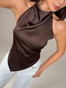 SHEIN PETITE Damen Sexy Rückenfrei Neckholder Top, Elegant für Party, Pendeln und Urlaub, Sommer,Sommer Top,Petite Frauen - Braun - Übersicht 10