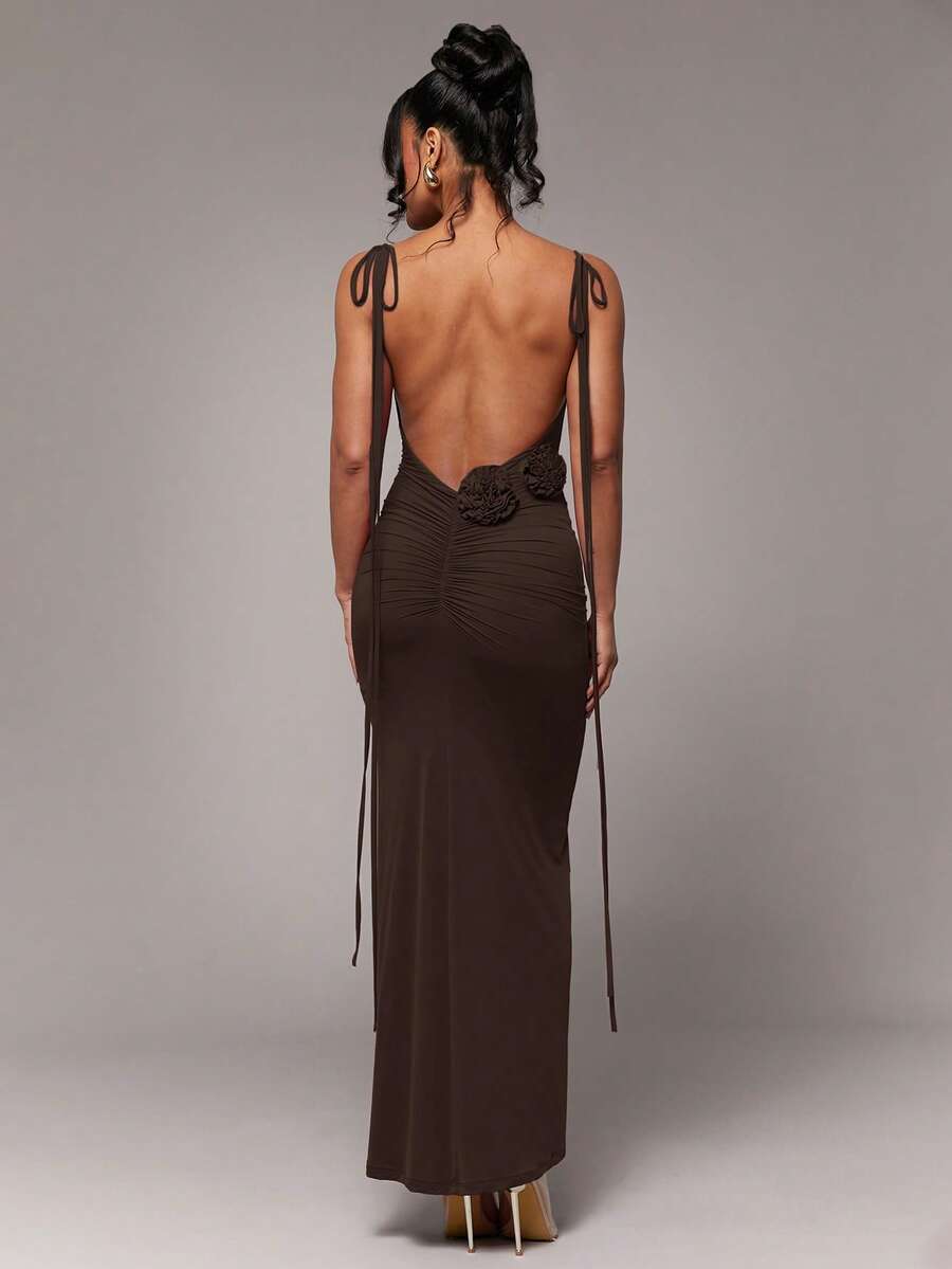 Silquee Women's Solid Color Fashion Sexy Ruched Slim Fit Spaghetti Strap Dress Golf Pastal - Brown - View 1