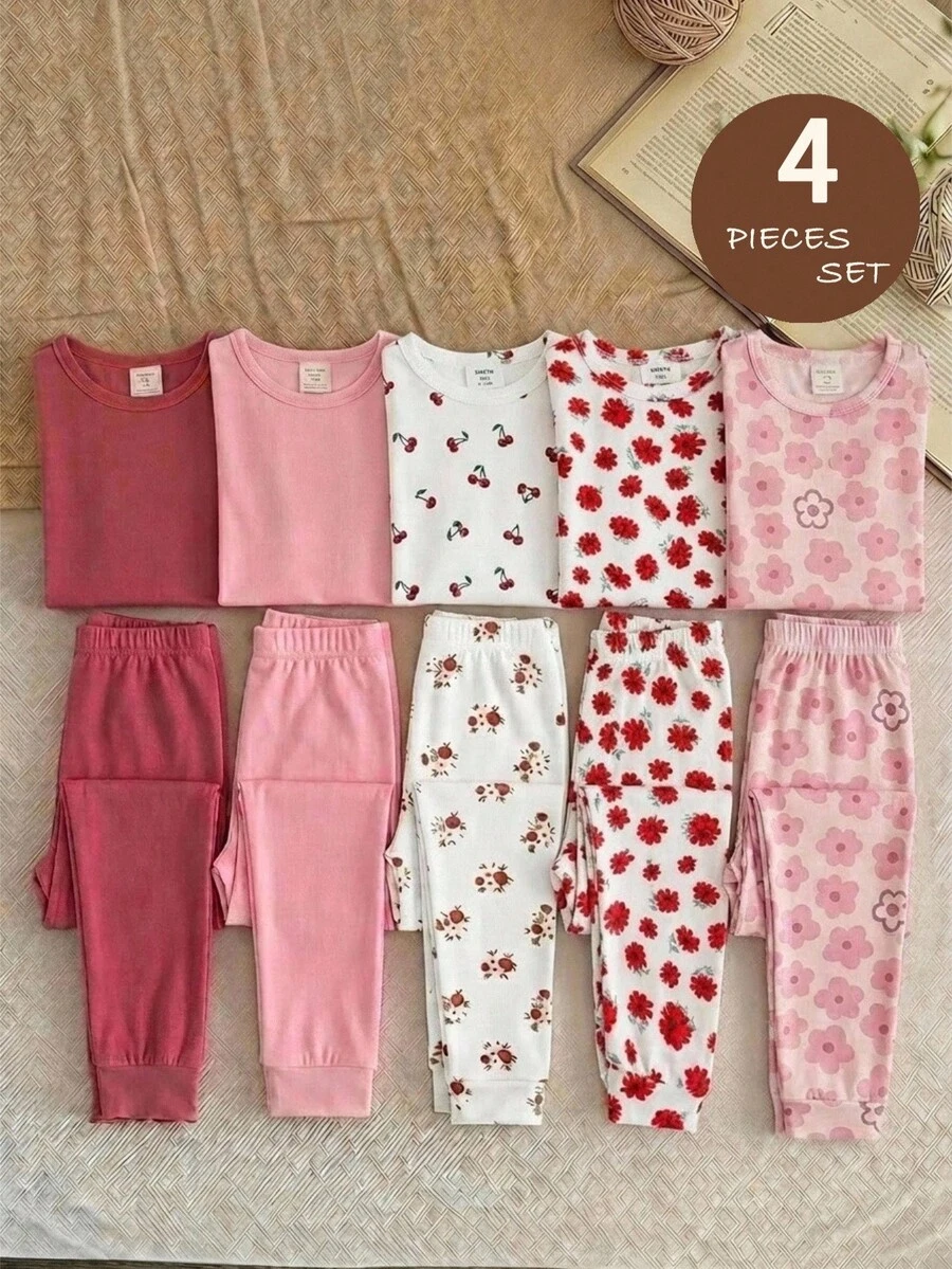 LMoss Kids 女嬰貼身睡衣套裝 櫻桃與花卉圓領長袖套頭上衣 鬆緊腰長褲 緊身 4件組 - 彩色 - 查看 1