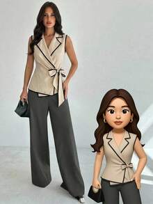 Firerie Blazer delgado envolvente con cintura de lazo para mujer, color albaricoque con ribete de contraste, minimalista y elegante, chaleco sin mangas con cuello en V, chaqueta con lazo que ciñe la cintura, chaqueta con borde de contraste, top para mujer de oficina, adecuado para verano, otoño, ceremonia de graduación, Día del Maestro, temporada de regreso a clases, primavera/verano, vacaciones, elegante casual de negocios - Albaricoque - Ver 5