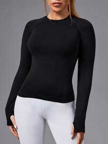 SHEIN Sports 1pc Regular T-Shirt/Raglan Design/Thumb Hole/Basic Style/Black/Sports T-Shirt+Fitness+Yoga Fall - Black - View 3